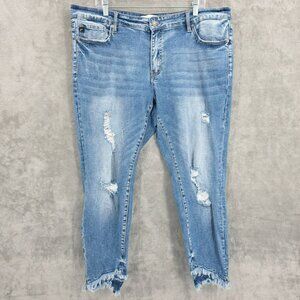 Kancan Mid Rise Ankle Skinny Jeans 3XL Medium Wash Blue Distressed Frayed Hems